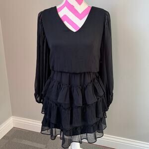 Express Black Chiffon Long Sleeve Tiered Ruffled Mini Dress Size Medium